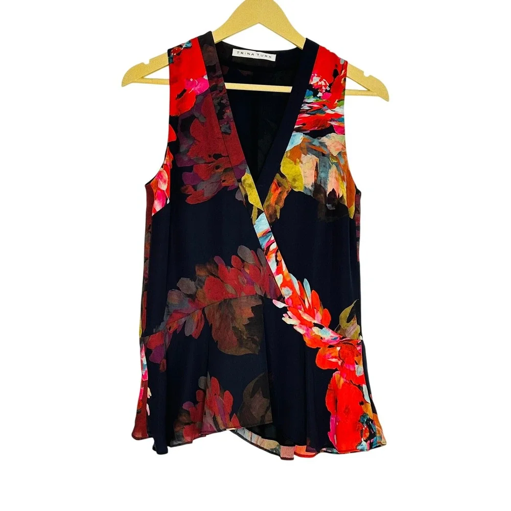 Trina Turk Sleeveless Faux Wrap Top Women XS Black Floral Peplum